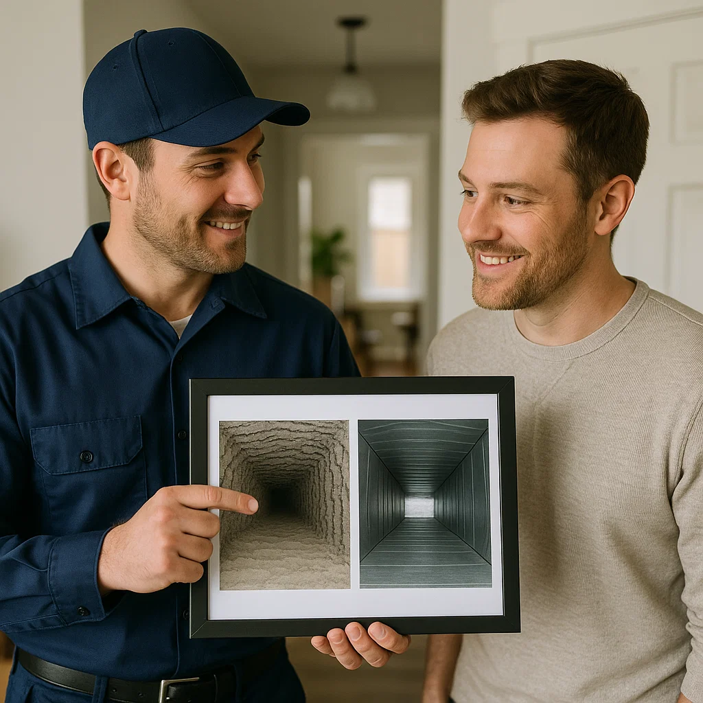 In-duct camera inspection by Montgomery TX Air Ducts Cleaning showing verified before-and-after duct cleaning results.